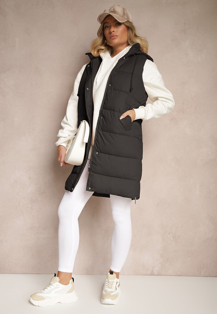 Czarna Kamizelka Pikowana z Kapturem Ozdobiona Sznurkami Eleandra