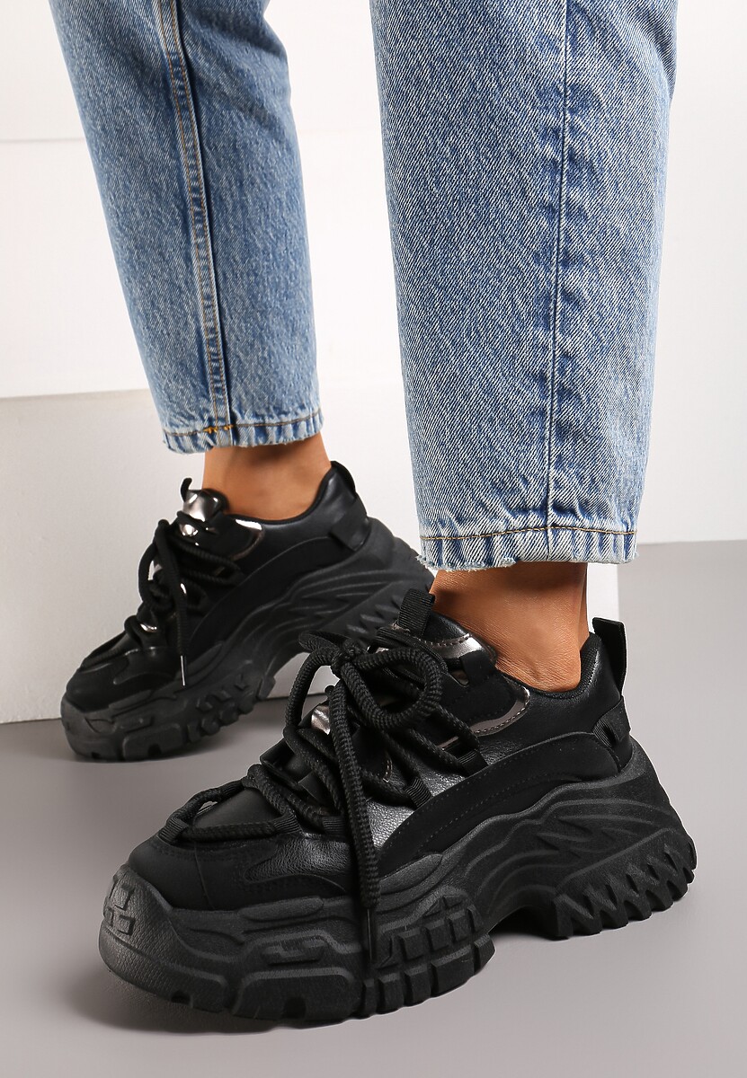 Czarne Sneakersy z Grubymi Sznurówkami na Niskiej Platformie Lasandre
