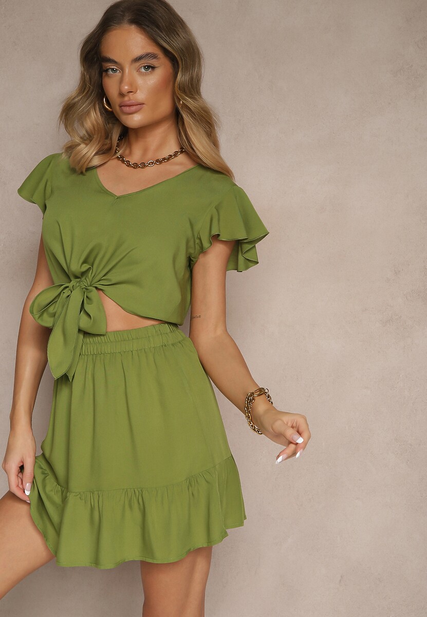 Ciemnobeżowy Wiskozowy Komplet Bluzka z Wiązaniem i Rozkloszowana Spódnica Redulise