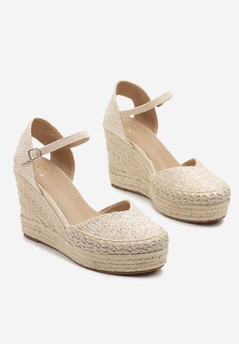 Beżowe Sandały na Koturnie w Typie Espadryli Ozdobione Plecionką Akiora