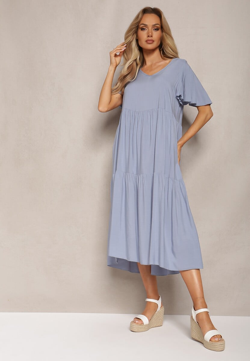 Jasnoniebieska Rozkloszowana Sukienka Midi z Bawełny z Falbanką i Krótkim Rękawem Ilenntia