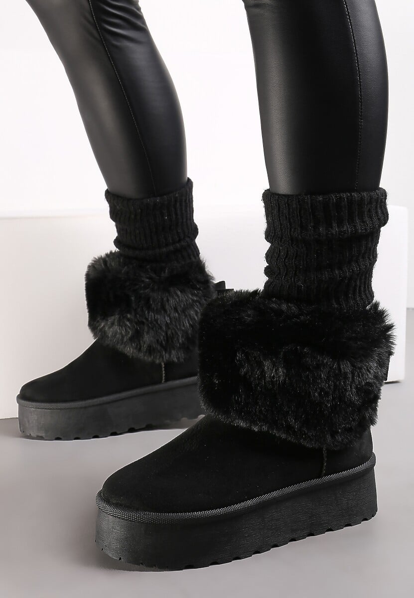 Czarne Śniegowce na Platformie z Ozdobnym Futerkiem Tiran