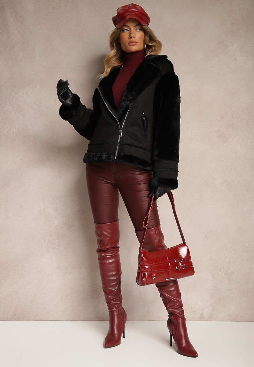 Czarna Ocieplona Kurtka Biker z Futerkiem i Asymetrycznym Zapięciem Lioyana