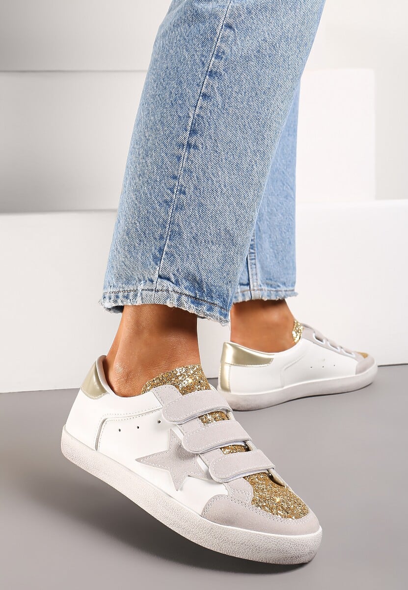 Złoto-Białe Sneakersy Ozdobione Brokatem z Rzepami Dolanda