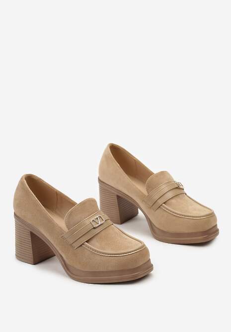 Ciemnobeżowe Półbuty w Stylu Mokasynów na Słupku z Klamerką Amledis