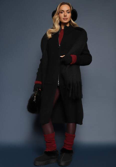 Czarny Długi Kardigan o Prostym Kroju ze Stójką z Domieszką Wełny i Zapięciem na Suwak Bonitana