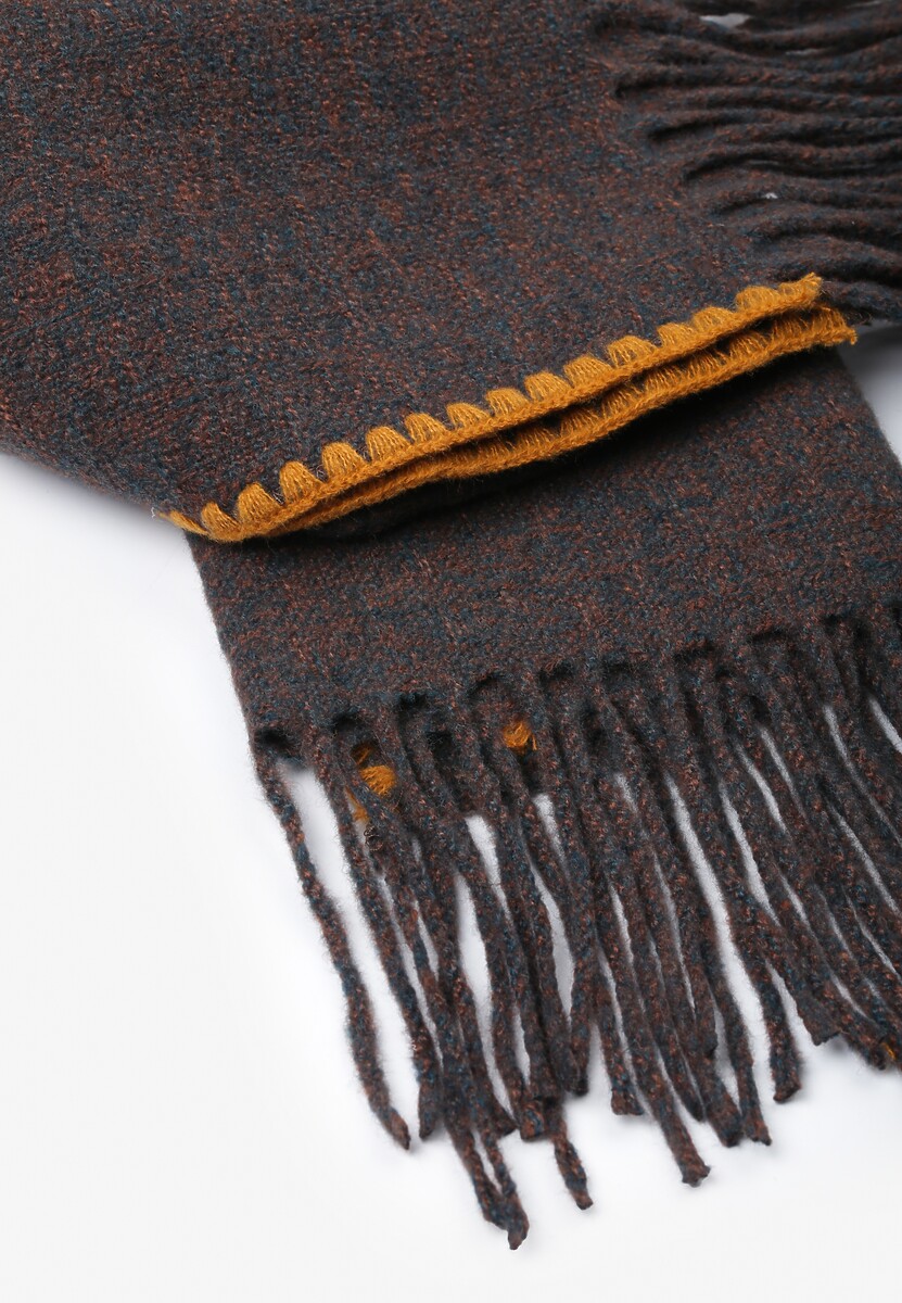 Granatowy Szalik z Haftem i Frędzlami Agnie