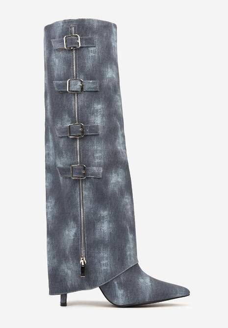 Niebieskie Kozaki Jeansowe na Szpilce z Klamrami na Wywiniętej Cholewce Riaviraen