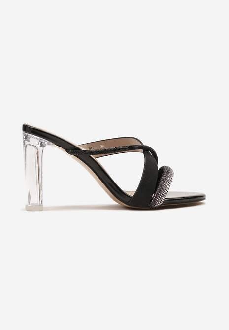 Czarne Klapki Ozdobione Brokatem i Cyrkoniami z Przezroczystym Obcasem Kavinia