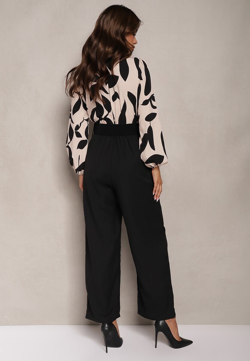 Beżowo-Czarny Długi Kombinezon z Kontrastową Górą i Pasem w Talii Bintia