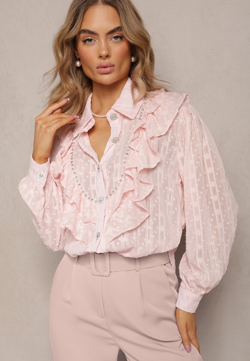 Jasnoróżowa Koszula Plumeti z Falbanką i Metaliczną Nitką Eutria