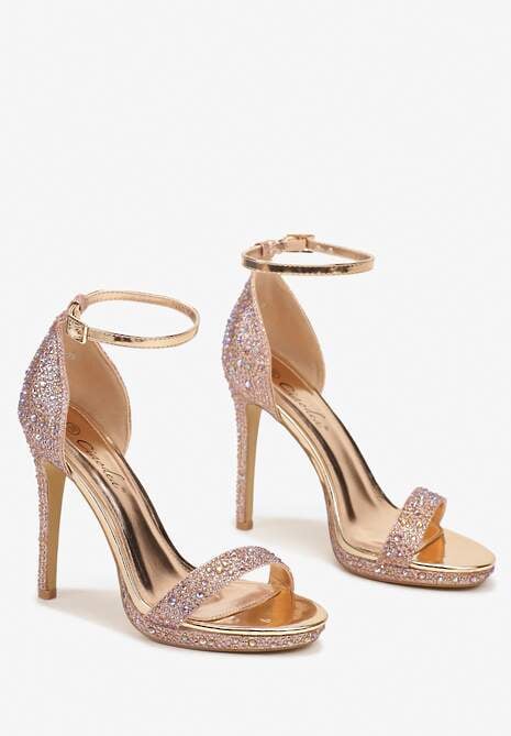 Szampańskie Klasyczne Sandały na Obcasie z Paseczkiem wokół Kostki Ozdobione Cyrkoniami i Brokatem Ezilya