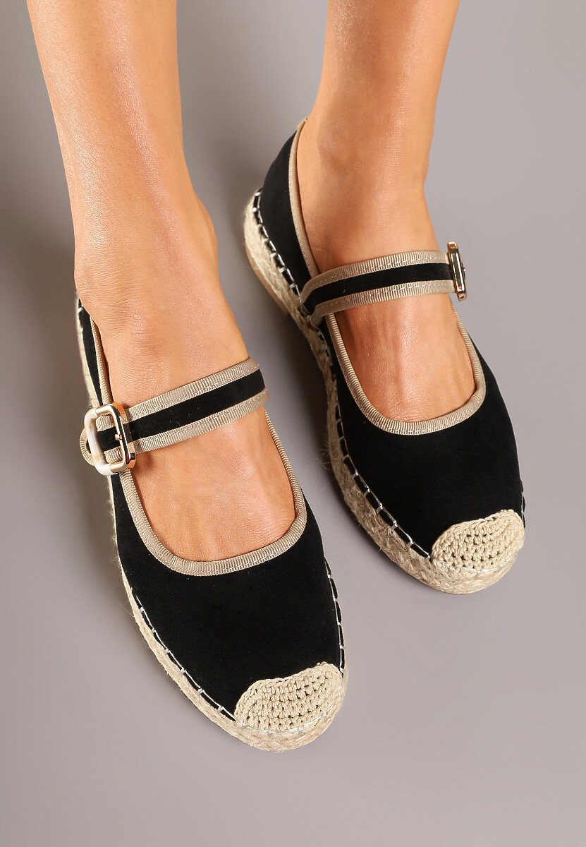 Czarne Espadryle Ozdobione Plecionką i Paskiem Olirane