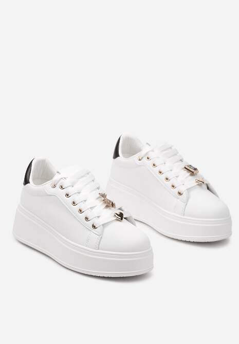Biało-Czarne Sneakersy na Platformie z Metalowymi Zawieszkami i Cyrkoniami Nioko