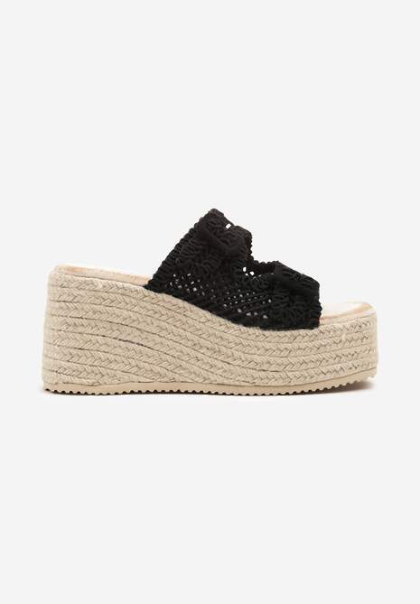 Czarne Ażurowe Klapki na Koturnie z Klamrami Viandiss