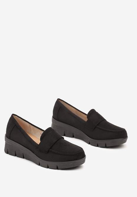 Czarne Półbuty Mokasyny na Koturnie z Wkładką ze Skóry Naturalnej Ozdobione Paskiem Zorvia