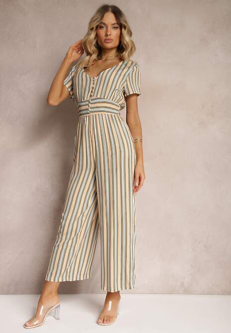 Beżowy Kombinezon z Wiskozy Wykończony Gumką w Talii i Guzikami przy Dekolcie Tinaviras