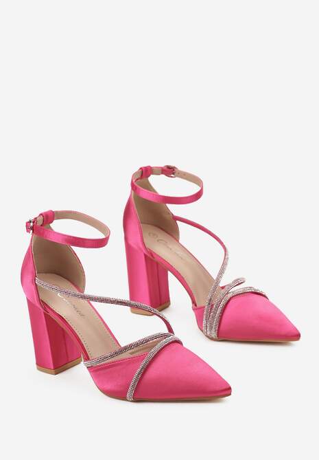 Fuksjowe Satynowe Czółenka na Słupku z Cyrkoniami na Cienkich Paseczkach Onstralia
