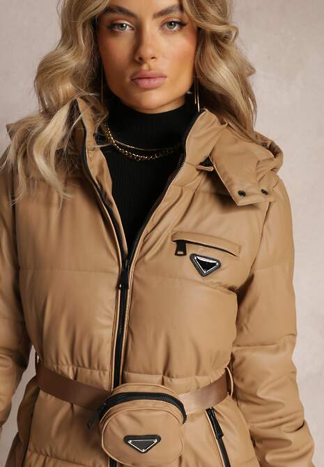 Beżowa Długa Kurtka z Paskiem Płaszcz z Okrągłą Saszetką w Komplecie Nabili