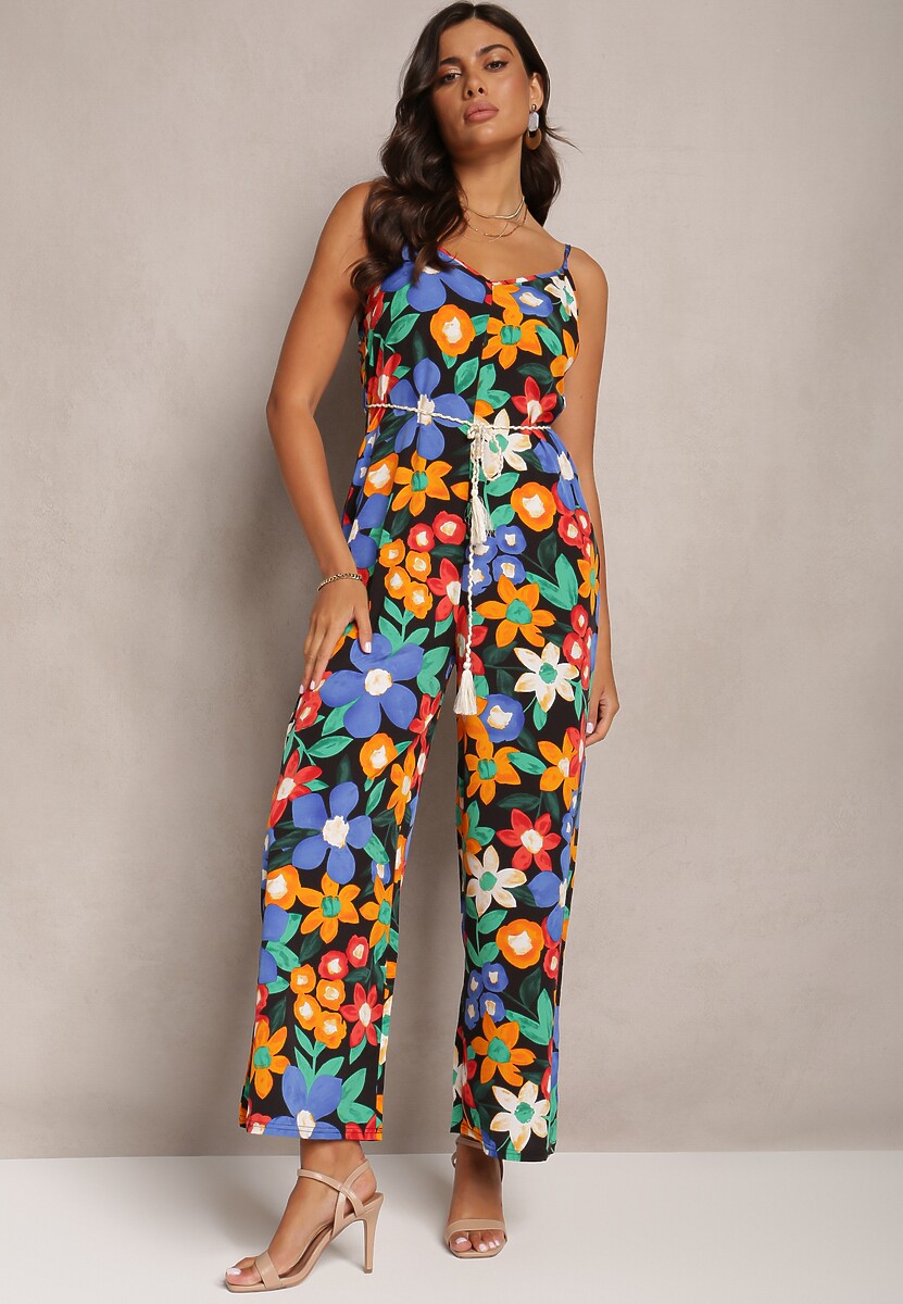Czarno-Niebieski Kombinezon w Kwiatowy Print na Cienkich Ramiączkach ze Sznurkiem w Talii Angelime