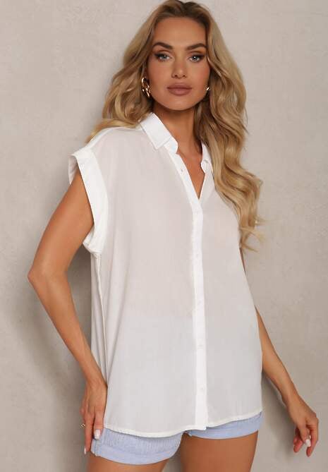 Jasnobeżowa Koszula Top z Bawełny bez Rękawów o Luźniejszym Kroju z Guzikami Yanestra