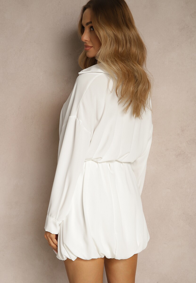 Biała Sukienka Koszulowa o Fasonie Balloon z Wiązaniem w Talii Vorema
