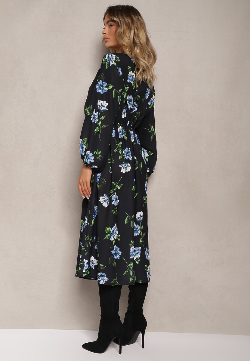 Czarno-Niebieska Midi Sukienka w Kwiaty o Rozkloszowanym Kroju z Rękawami Nietoperz Jervia