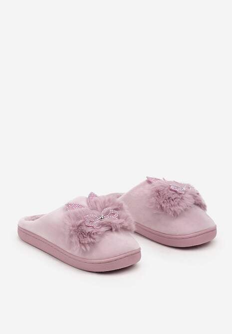 Jasnofioletowe Kapcie na Płaskiej Podeszwie z Cyrkoniami i Futerkiem Dezilie