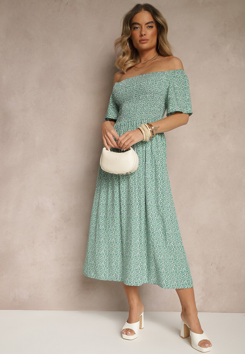 Zielona Bawełniana Sukienka Hiszpanka o Rozkloszowanym Kroju w Kwiaty Sadique