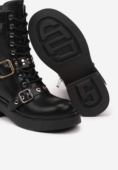 Czarne Botki Typu Workery z Cholewką Ozdobioną Paskami ze Sprzączkami Leamithra