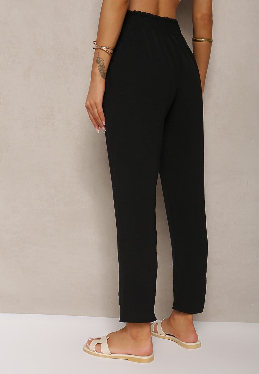 Czarne Spodnie Typu Paper Bag High Waist z Gumką w Talii Salvavia