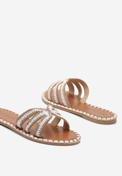 Złote Klapki na Płaskiej Podeszwie ze Zdobieniami Vornia