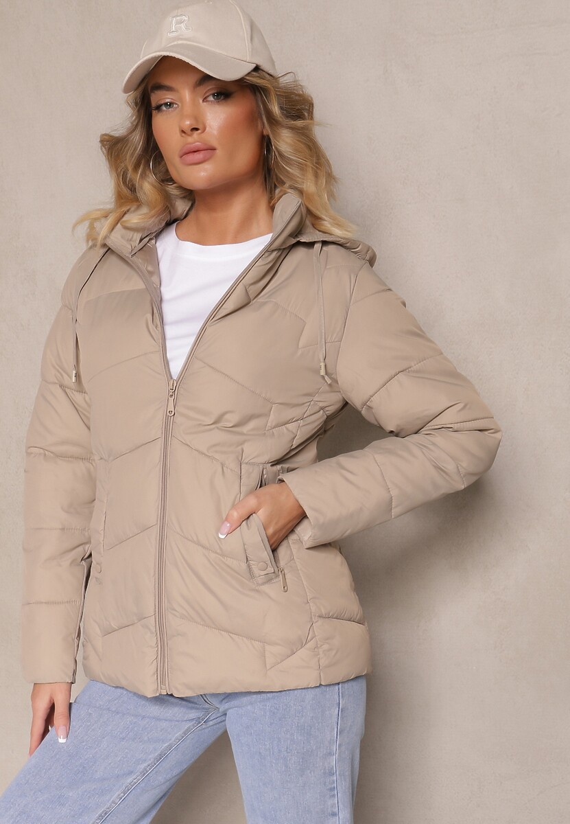 Ciemnozielona Kurtka Pikowana z Kapturem z Możliwością Odpięcia Felathra