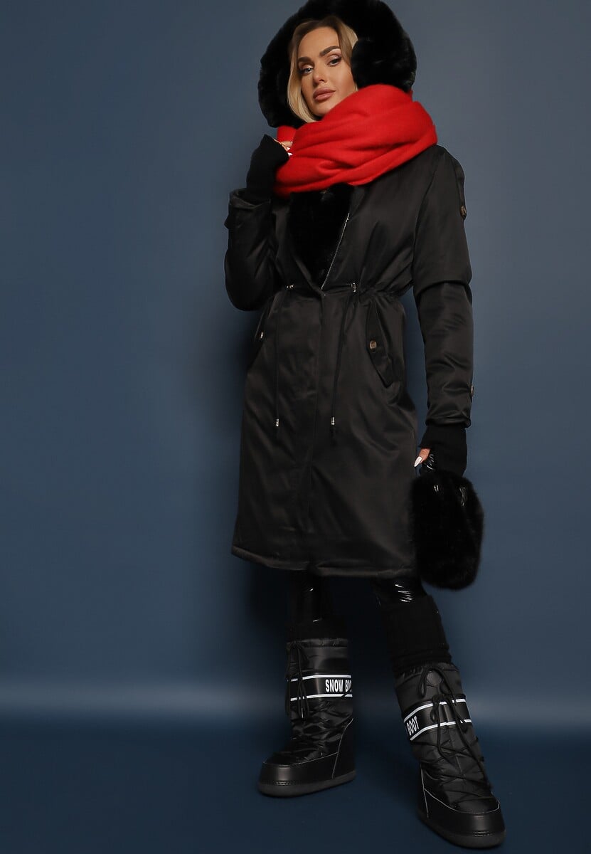 Czarna Długa Kurtka Parka Nylonowa Płaszcz z Futrzanymi Wstawkami Rinale