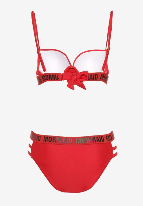 Czerwone Bikini z Supełkiem na Biustonoszu z Ozdobnymi Paseczkami i Napisami Bibalia