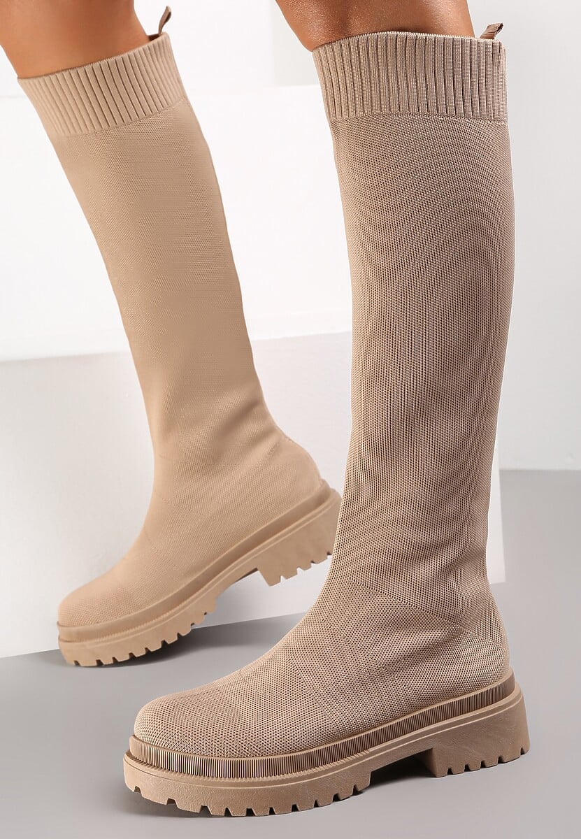 Ciemnobeżowe Kozaki z Elastyczną Cholewką Enareo