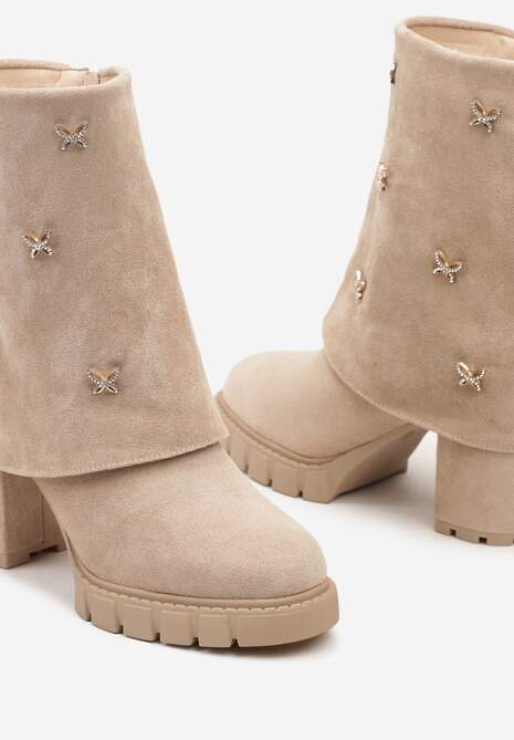 Beżowe Botki z Ekozamszu z Cholewką Imitującą Nogawkę z Ozdobnymi Cyrkoniowymi Detalami Etanela