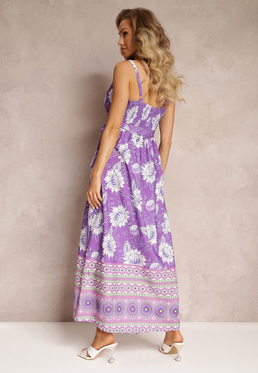 Fioletowa Sukienka Maxi na Cienkich Ramiączkach i Rozkloszowanym Dołem z Falbanką Charlei