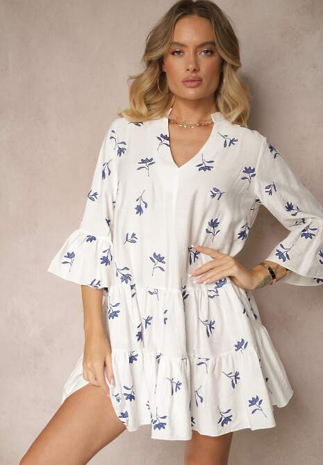 Biała Rozkloszowana Sukienka z Wiskozą Zdobiona Haftem i Falbanami Aliorra