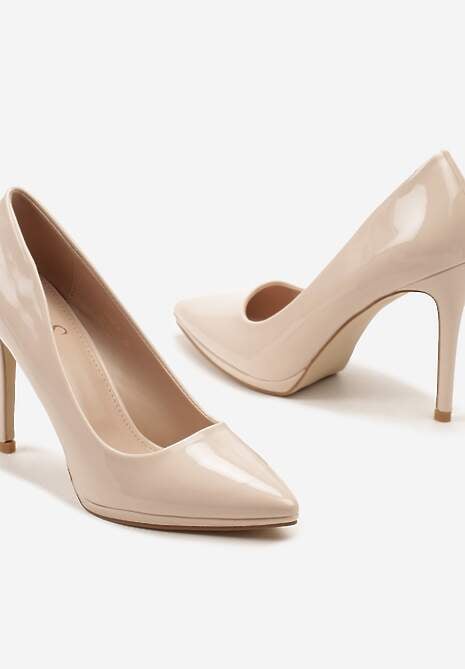 Beżowe Wysokie Szpilki z Lakierowanej Imitacji Skóry Banesi