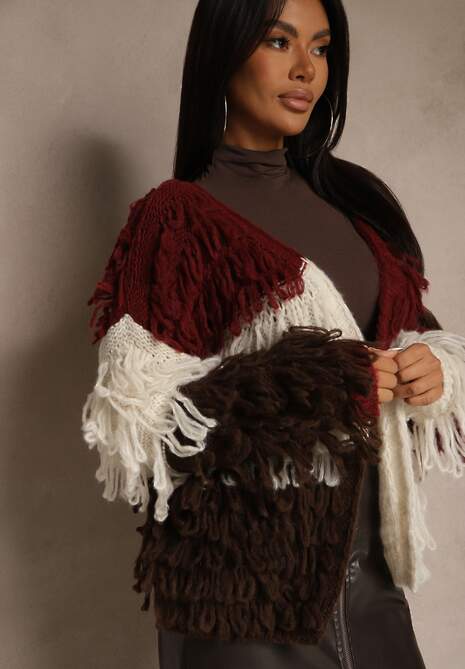 Bordowy Kardigan Bez Zapięć z Domieszką Wełny Zdobiony Imitacją Piór Lanitia