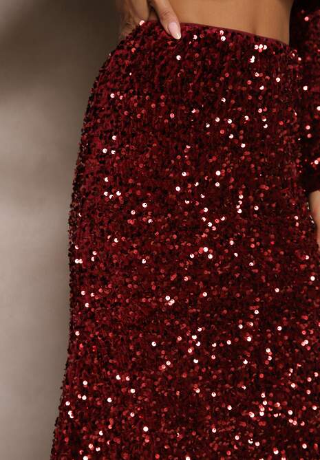 Bordowa Cekinowa Spódnica w Koktajlowym Stylu Gumką w Pasie Berizola