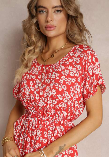 Czerwona Wiskozowa Mini Sukienka w Kwiatowy Print z Gumką w Pasie Frolia