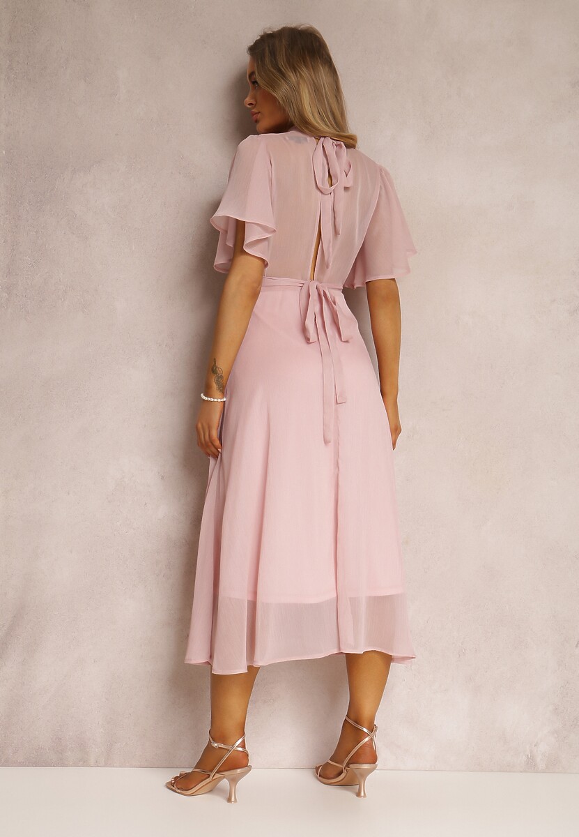Różowa Rozkloszowana Sukienka z Odkrytymi Plecami i Wiązaniem Syrissis