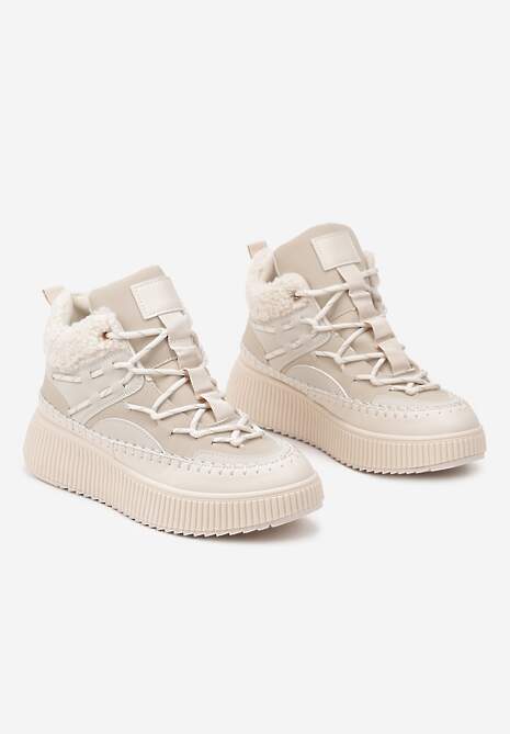 Beżowe Śniegowce Traperki Vices z Futerkiem Typu Baranek i Platformą Terivelle