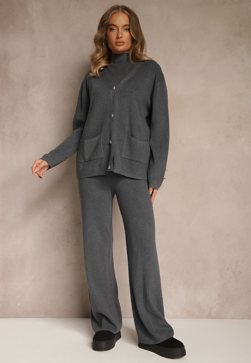 Jasnobeżowy Komplet z Dzianiny z Bawełną Spodnie Kardigan i T-shirt z Golfem Ralonia