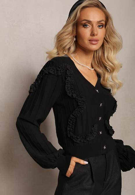 Czarny Kardigan Zapinany z Ozdobnymi Falbankami Diselda