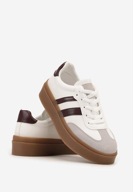 Biało-Bordowe Sneakersy na Kauczukowej Podeszwie Ozdobione Paskami Nilimea