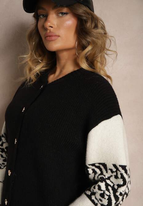 Czarny Kardigan z Wiskozy na Guziki Ozdobiony Geometrycznym Wzorem Nelaya