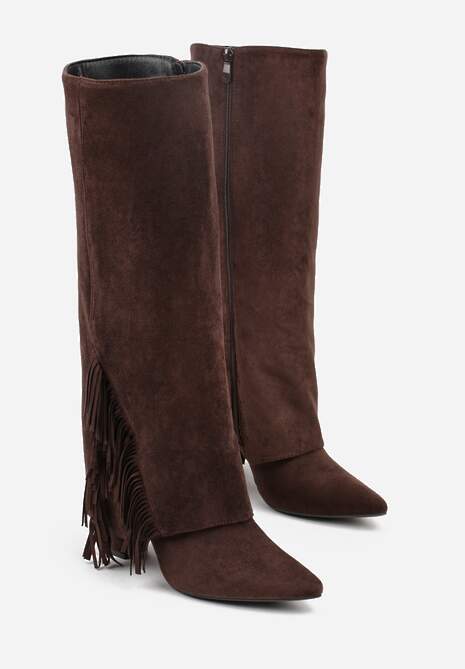 Brązowe Kozaki na Słupkowym Obcasie z Cholewką Imitującą Nogawkę z Frędzlami Linafela